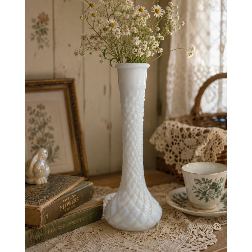 Vintage Hoosier Milk Glass Vase White Hobnail Bud Vase 8” Cottagecore Farmhouse